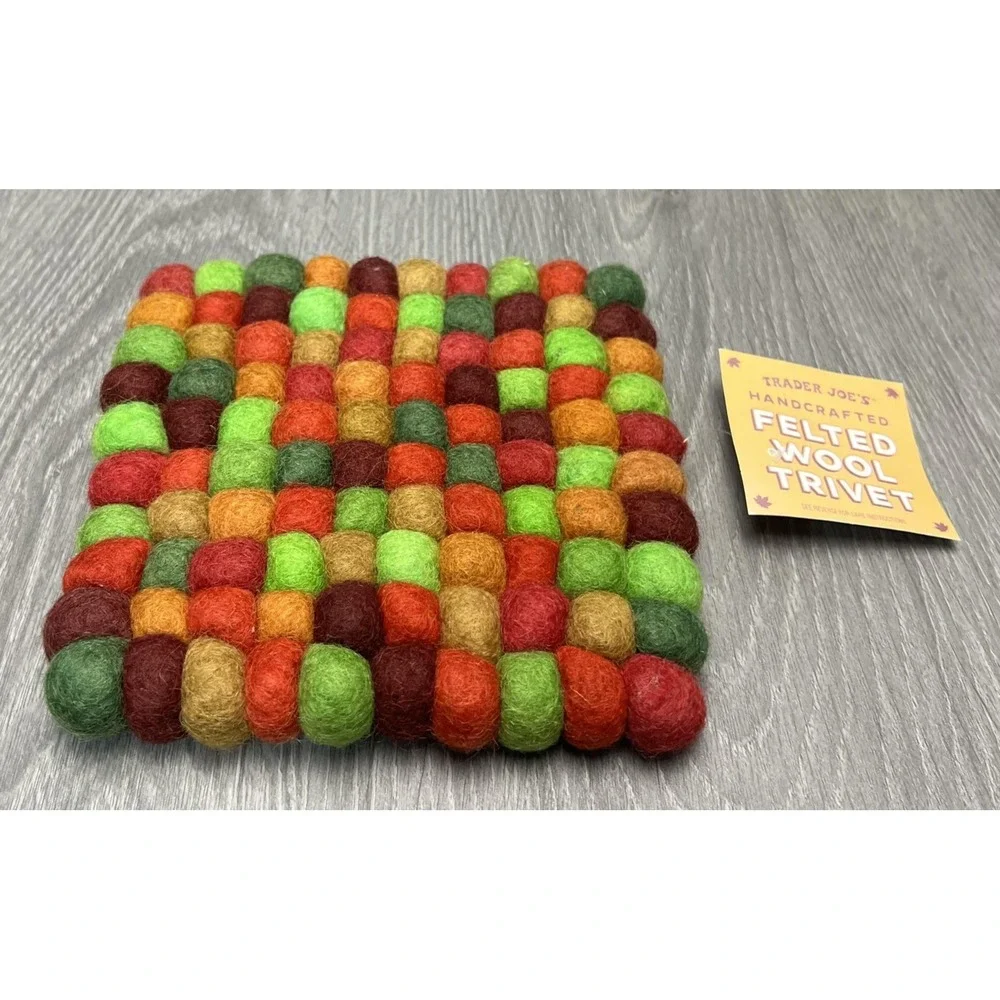 Trader Joe's Handcrafted Felted Wool Trivet Multicolor‎ Square Hot Pad Mat Decor